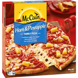McCain Pizza Ham/pineapple 500g shown.